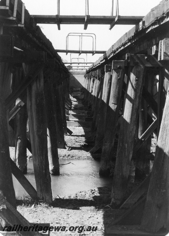 P01408
3 of 16 images of the pair of trestle bridges over the Canning River at Gosnells, SWR line, view between the bridges from the north west abutment
