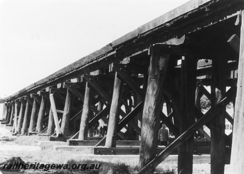 P01413
8 of 16 images of the pair of trestle bridges over the Canning River at Gosnells, SWR line, view along the side of the bridge from the north
