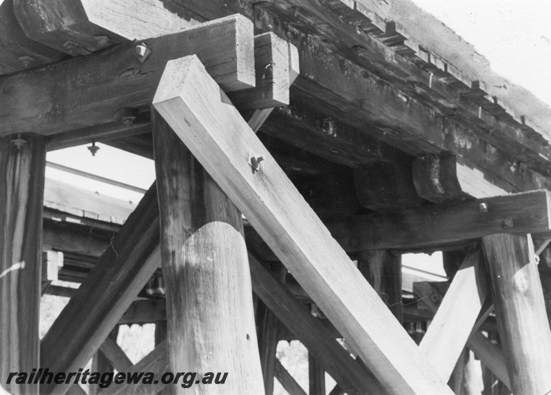 P01416
11 of 16 images of the pair of trestle bridges over the Canning River at Gosnells, SWR line, view of the repairs to the bridge
