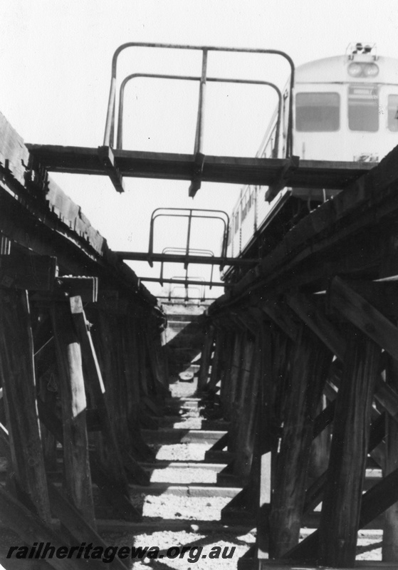 P01421
16 of 16 images of the pair of trestle bridges over the Canning River at Gosnells, SWR line, view between the bridges from the south east abutment
