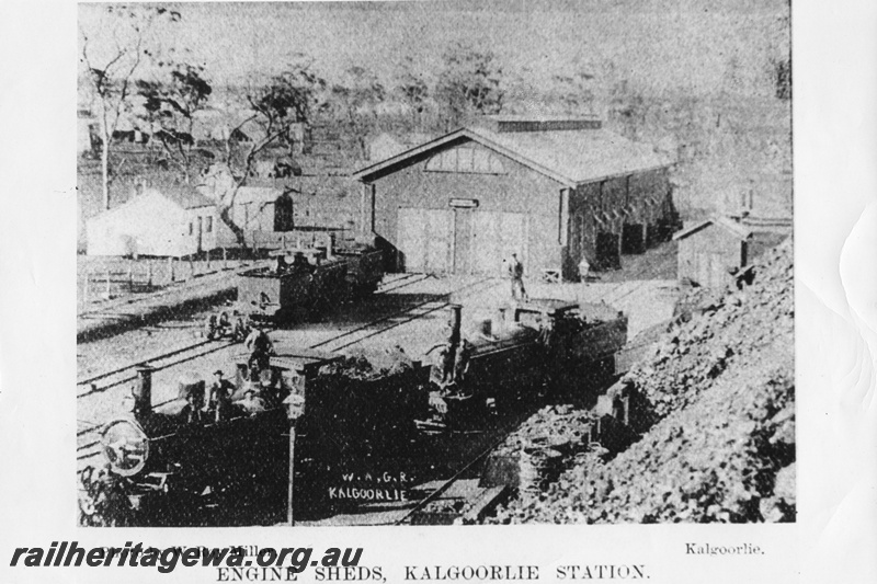 P01464
Loco sheds, Kalgoorlie loco depot, locomotives in the foreground, elevated view over the area.
