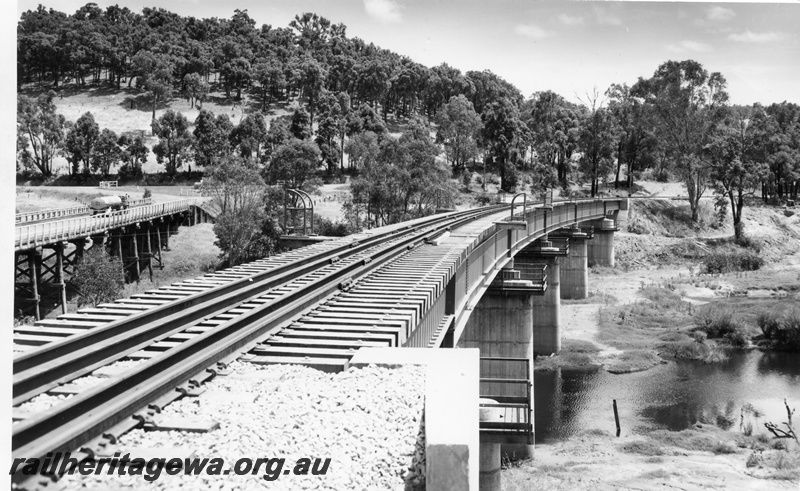 P01492
Steel girder bridge over the Blackwood River, Bridgetown, PP line, view along the bridge.
