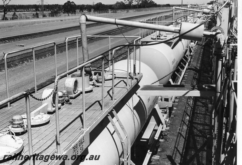 P01583
JK class caustic soda tankers, Pinjarra plant, being unloaded, elevated view along the wagon
