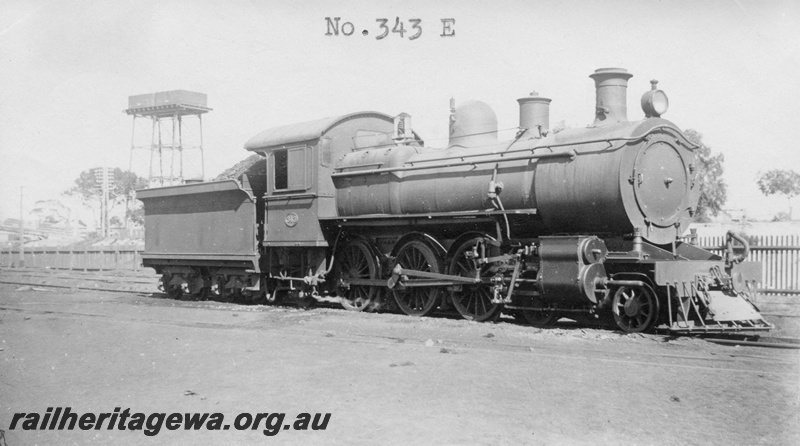 P01666
E class 343, 4-6-2, East Perth loco depot, ER line, double overhead water tower on steel legs, side and front view, c1926.
