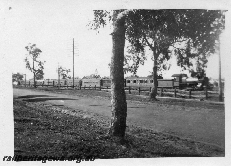 P01683
Albany Perth Express passenger train, West Midland, ER line, post and rail fence.
