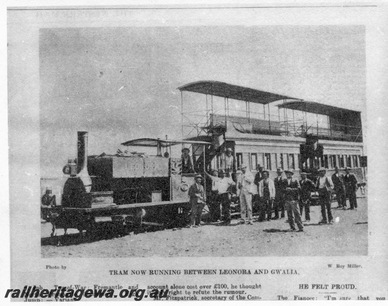 P01703
D class 5, 0-4-0 hauling the Leonora-Gwalia tram, front and side view.
