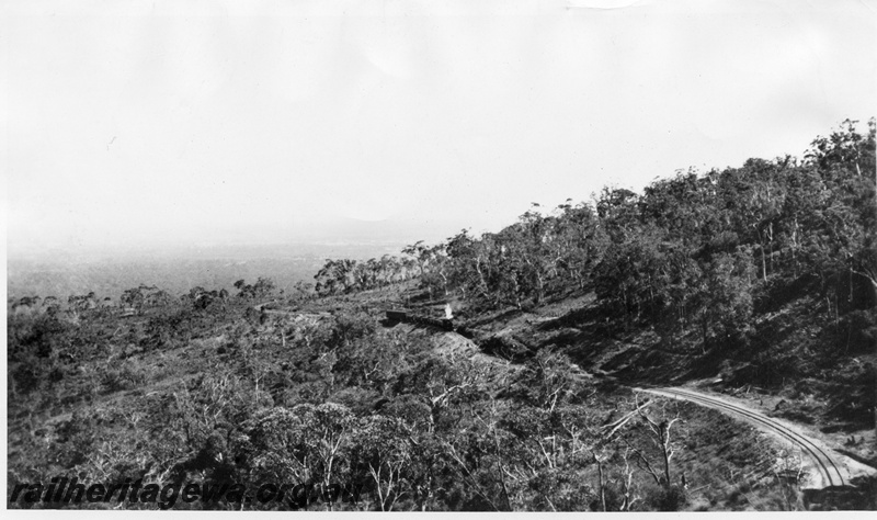 P01763
Train ascending the Zig Zag, UDRR line, elevated view looking down on the train in the distance.
