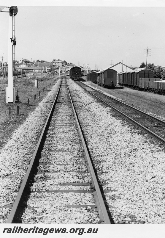 P01766
Track newly ballasted, signal, TNT forwarding depot sheds, Maylands . View looking east along the track towards Meltham
