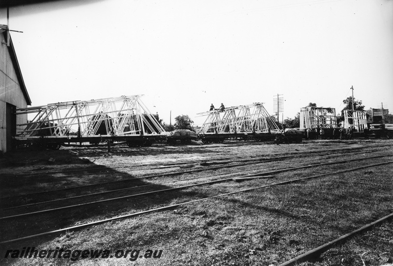 P01777
Prefabricated aircraft hanger on flat wagons, Geraldton, (Ref: 