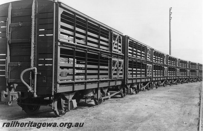 P01790
CXB class 17479 four wheel sheep wagon heading a line of these wagons, end and side views.
