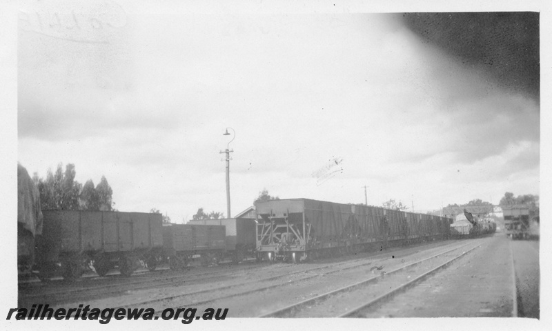 P01805
XA class coal hoppers and other wagons in the yard at Collie, BN line, view down the yard.
