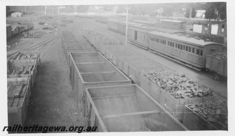 P01806
Yard with rolling stock, Collie, BN line, elevated view along the yard looking towards Cardiff
