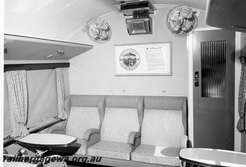 P01952
AQL class 288 buffet car (carriage), internal view showing fans, gas heater, tables, 