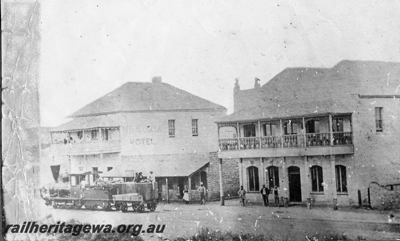P01970
M class loco outside the Victoria Hotel in the main street in Geraldton during the construction of the Geraldton to Northampton Railway, GA line
