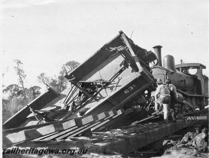 P01997
2 of 3 views of a derailment on a bridge on the Waroona to Lake Clifton railway, WL line, involving G class 48 