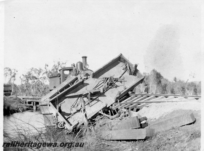 P01998
3 of 3 views of a derailment on a bridge on the Waroona to Lake Clifton railway, WL line, involving G class 48 