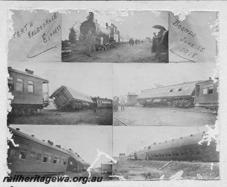 P02000
Five views of the derailment of the Perth to Kalgoorlie Express at Boondi, EGR line, E class loco, four views of carriages derailed on the train
