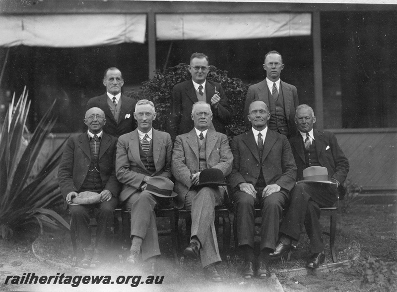 P02030
Railway officials, group photo, back row, left to right C. R. May, C. R. Stewart, G. R. Fruin. Front row left to right, W. E. Wood, S. J. Hood, H. A. Creswell, L. Stubbs, H. J. Bromilow, c1934
