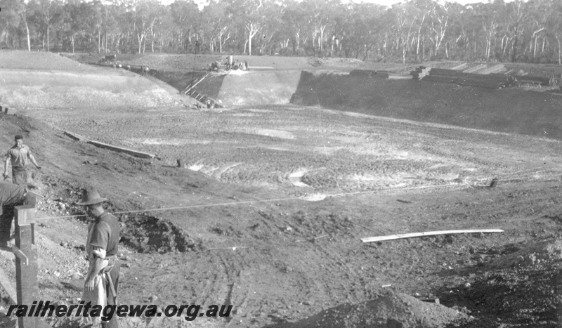 P02076
12 of 12 views of the construction of a railway dam at Hillman, BN line, completed dam taken from the south east corner.
