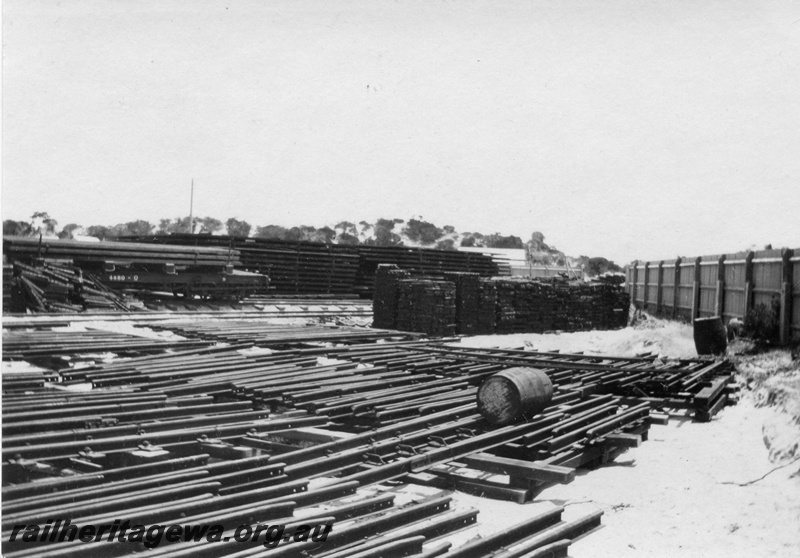 P02081
2 of 44 views of the construction of the railway at Esperance, CE line taken by Cedric Stewart, the resident WAGR engineer, stockpiles of railway construction materials
