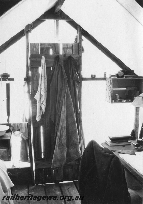 P02097
18 of 44 views of the construction of the railway at Esperance, CE line taken by Cedric Stewart, the resident WAGR engineer, internal view of a tent.
