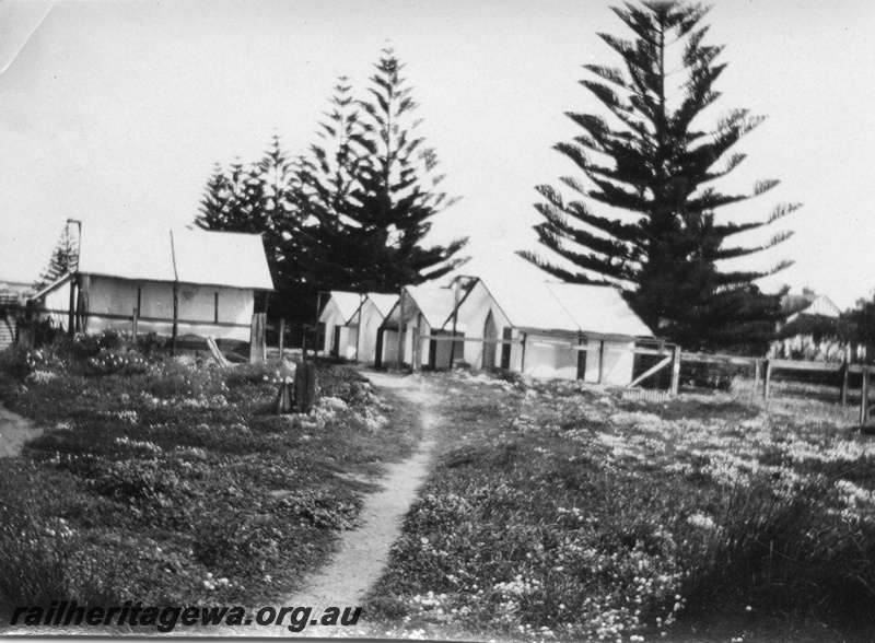 P02098
19 of 44 views of the construction of the railway at Esperance, CE line taken by Cedric Stewart, the resident WAGR engineer, line of worker's tents
