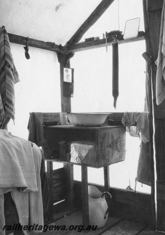 P02102
23 of 44 views of the construction of the railway at Esperance, CE line taken by Cedric Stewart, the resident WAGR engineer, worker's tent, internal view.
