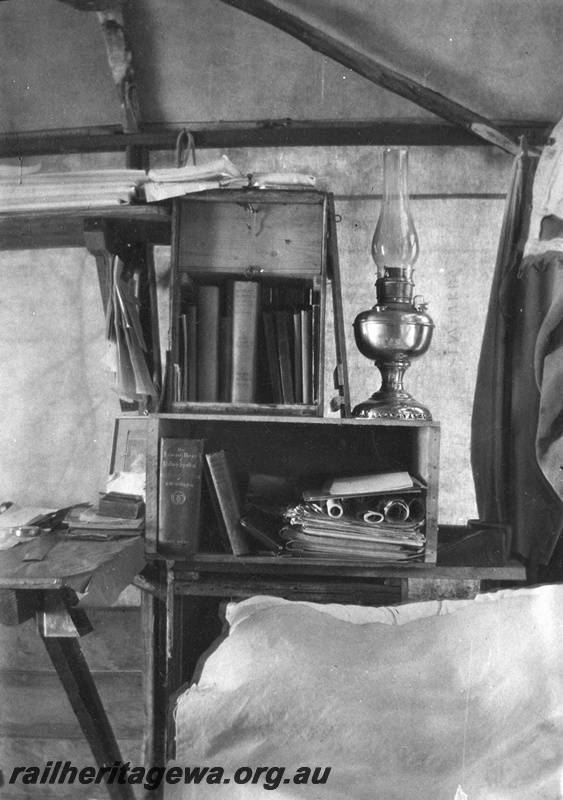 P02104
25 of 44 views of the construction of the railway at Esperance, CE line taken by Cedric Stewart, the resident WAGR engineer, worker's tent, internal view.
