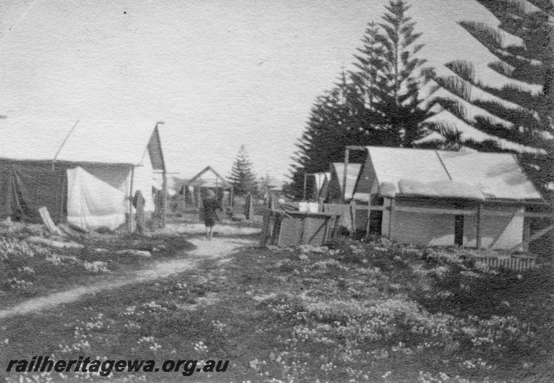 P02108
29 of 44 views of the construction of the railway at Esperance, CE line taken by Cedric Stewart, the resident WAGR engineer, line of worker's tents
