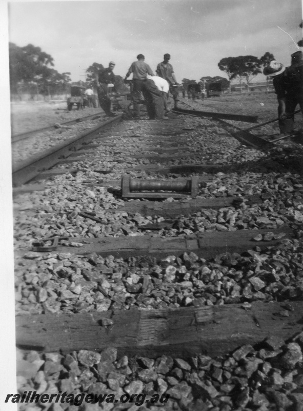 P02112
3 of 7 views of the early relaying of the track on the EGR, c1950, view shows the rails lifted from the sleepers, view along the track
