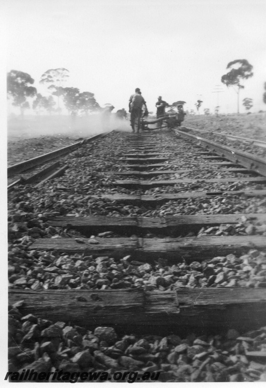 P02114
5 of 7 views of the early relaying of the track on the EGR, c1950, rails lifted from sleepers, view along the track
