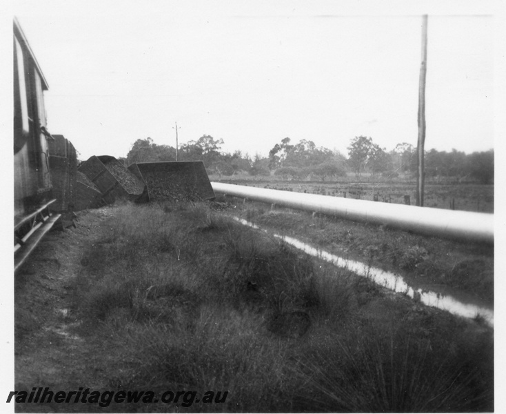 P02123
7 of 7 views of the derailment of No. 972 Goods near Westfield  on the Jandakot to Armadale section of the FA line,  date of derailment 10/8/1955
