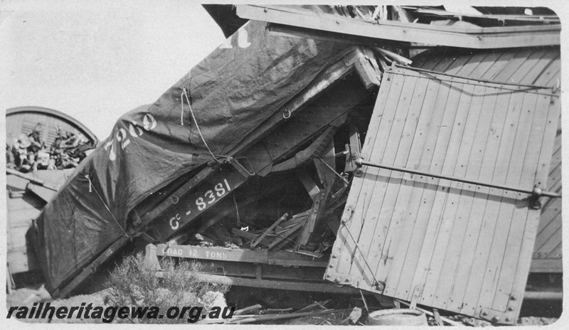 P02132
1 of 9 views of a derailment of No 26 Mixed near Konnongorring, EM line on 26/6/1926, GC class 8381 and other wagons derailed and smashed.
