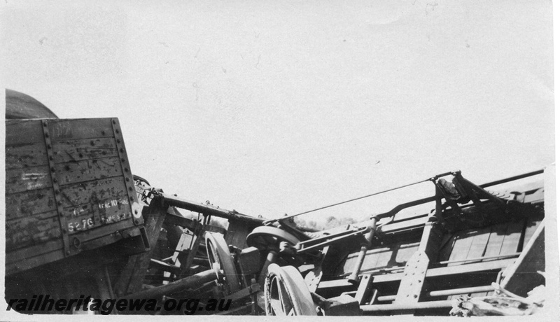 P02134
3 of 9 views of a derailment of No 26 Mixed on 26/6/1926 near Konnongorring, EM line, GA class 5276 and other wagons derailed and smashed
