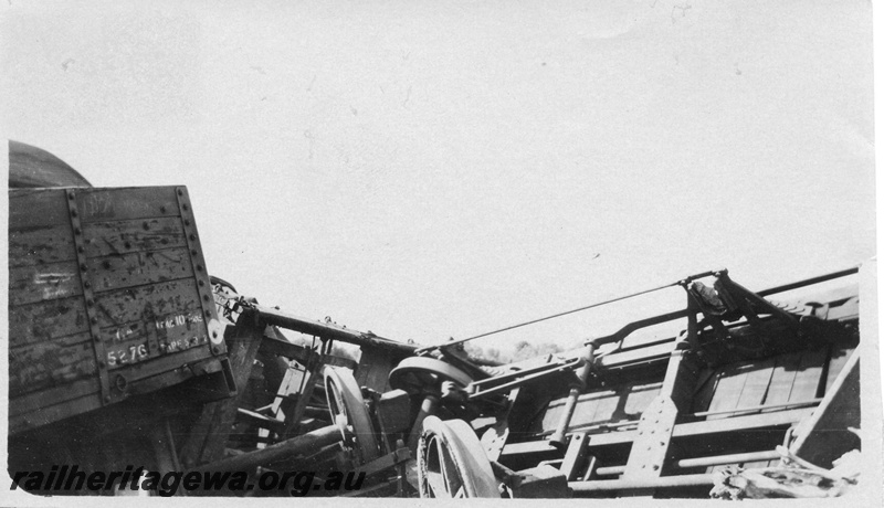 P02134
3 of 9 views of a derailment of No 26 Mixed on 26/6/1926 near Konnongorring, EM line, GA class 5276 and other wagons derailed and smashed
