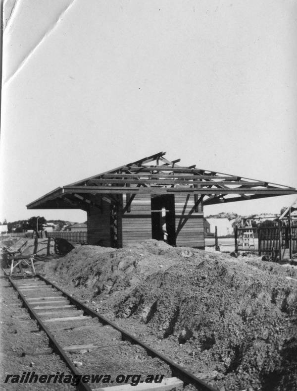 P02141
31 of 44 views of the construction of the railway at Esperance, CE line taken by Cedric Stewart, the resident WAGR engineer, station building (