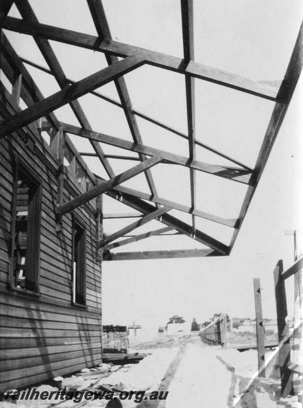 P02143
33 of 44 views of the construction of the railway at Esperance, CE line taken by Cedric Stewart, the resident WAGR engineer, station building (