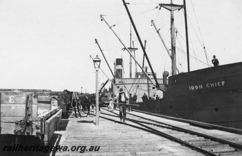 P02144
34 of 44 views of the construction of the railway at Esperance, CE line taken by Cedric Stewart, the resident WAGR engineer, H class wagons on the Esperance jetty, ship, 