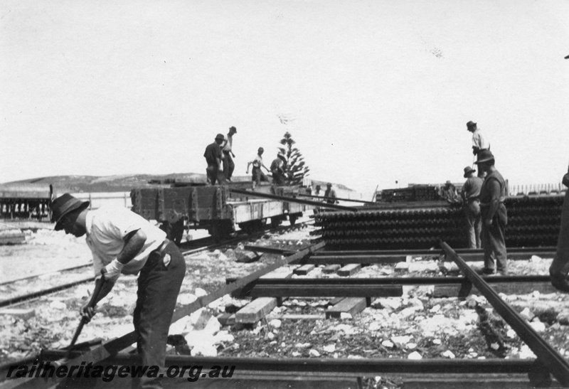 P02150
40 of 44 views of the construction of the railway at Esperance, CE line taken by Cedric Stewart, the resident WAGR engineer, workers unloading construction materials from H class wagons

