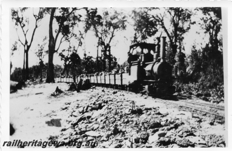 P02196
Orenstein & Koppel 2 foot gauge loco at the Moira coal mine, Collie, hauling a train of skips, pre1914,
