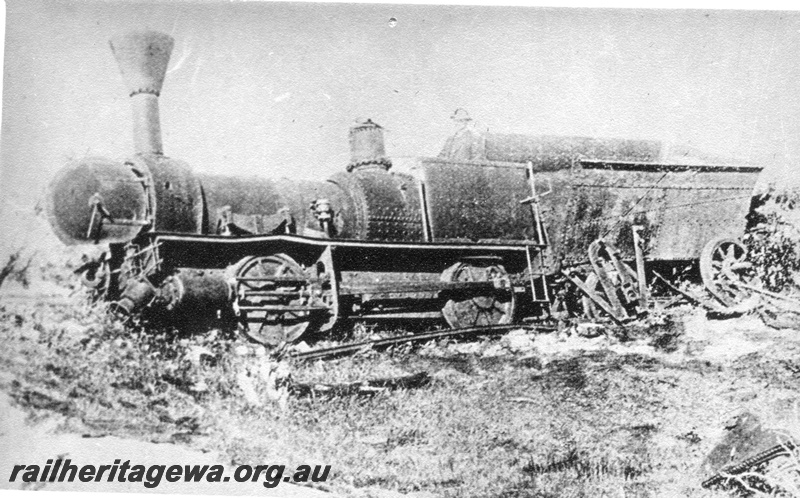 P02216
Loco Ballaarat with steel tender, Busselton, front and side view, derelict, 
