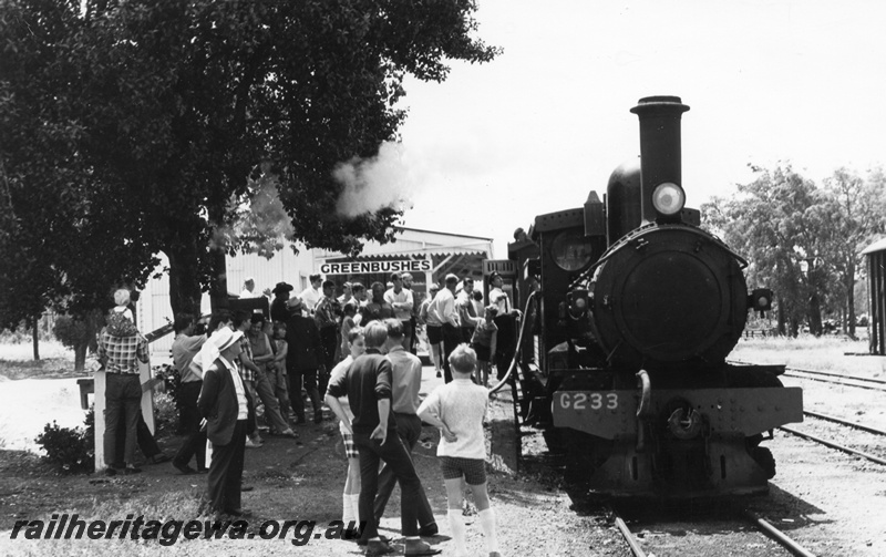 P02229
G class 233, station building and nameboard, Greenbushes, PP line, crowd watching the loco take on water on 