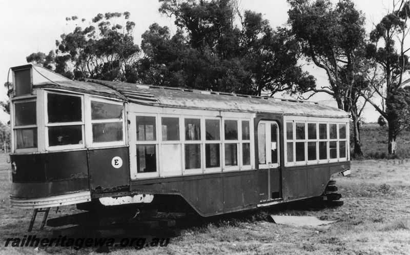 P02323
Tram No.63, in storage at Castledare Boys home, front and side view
