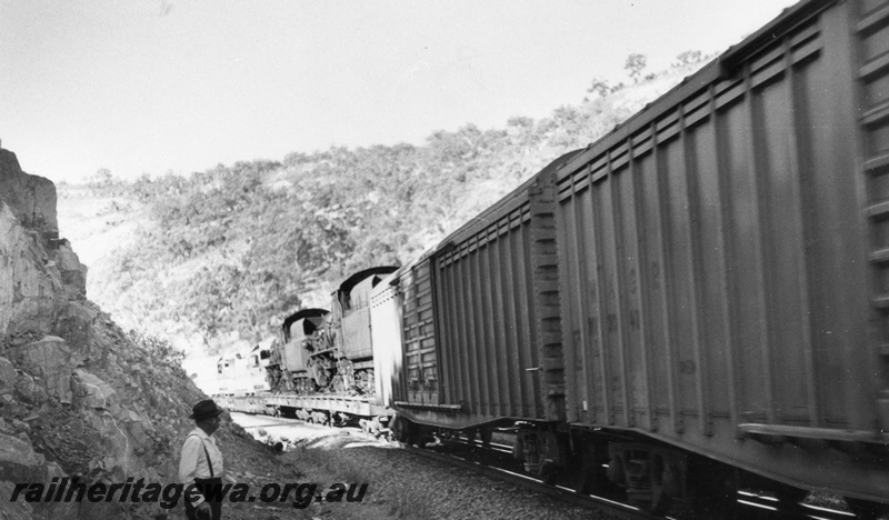 P02403
W class 933 and W class 934 steam locomotive loaded on Commonwealth Railways (CR) flat top wagons on route to Pt Augusta, distant view.
