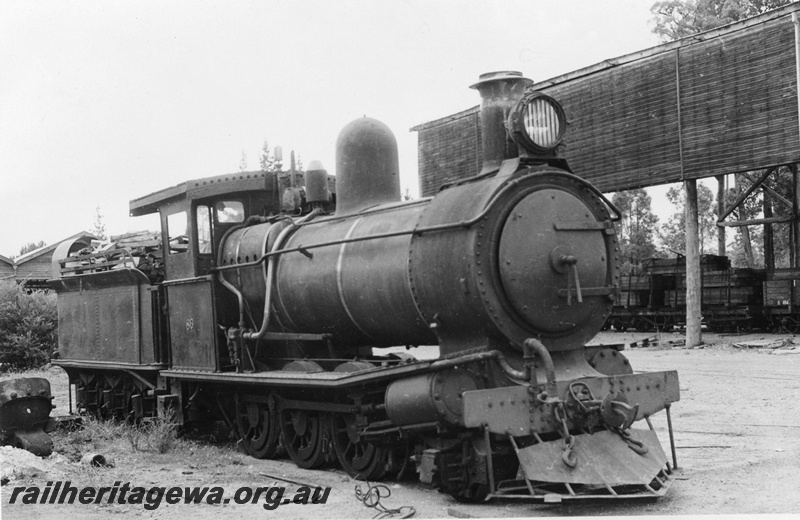 P02406
2 of 2. Ex SAR YX Class 86, steam locomotive, side and front view, Bunning Brothers mill at Manjimup.
