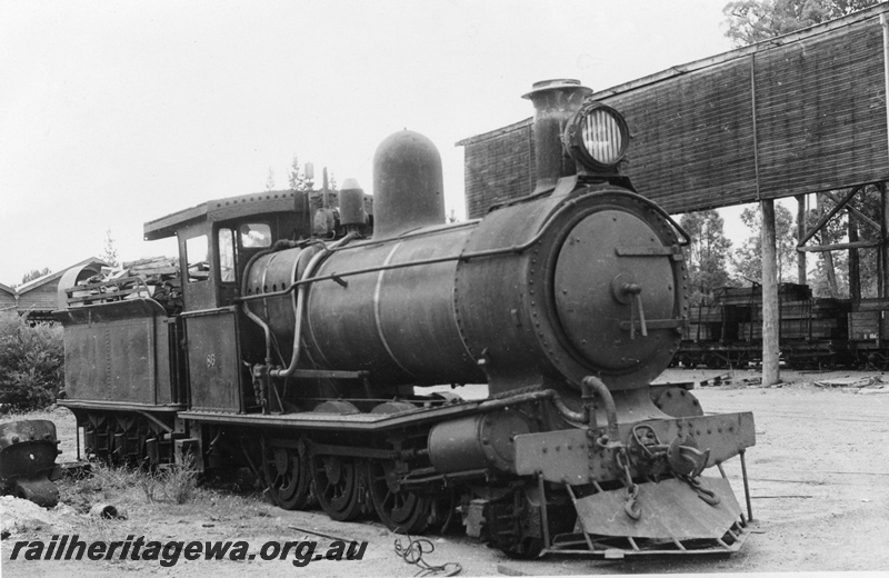 P02406
2 of 2. Ex SAR YX Class 86, steam locomotive, side and front view, Bunning Brothers mill at Manjimup.
