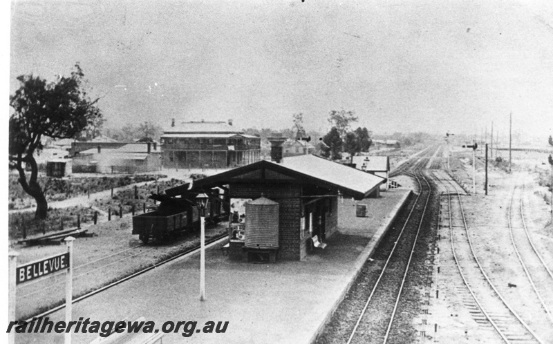 P02454
Station building, nameboard, Bellevue, ER line, elevated view looking west
