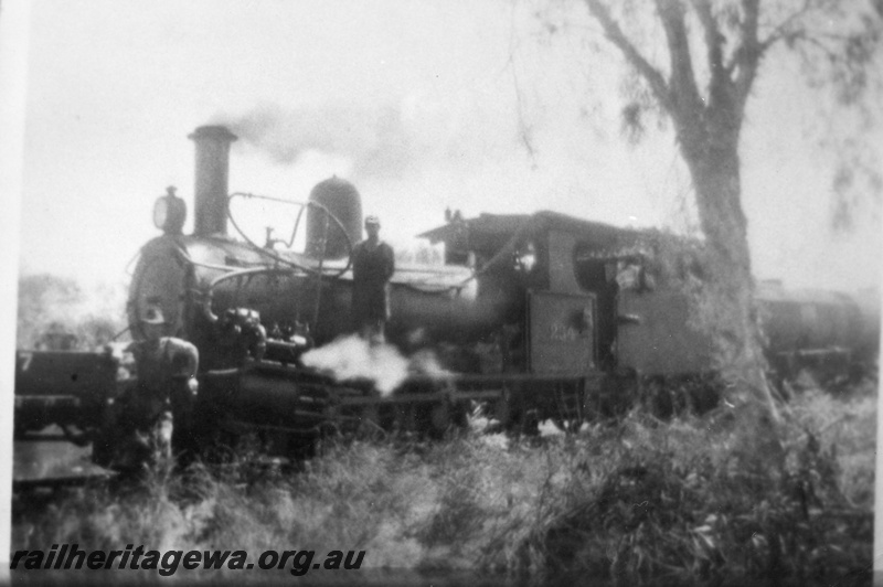 P02486
G class 234, number in large numerals on the cab side, PM line, taking water from the Shaw River, front and side view.
