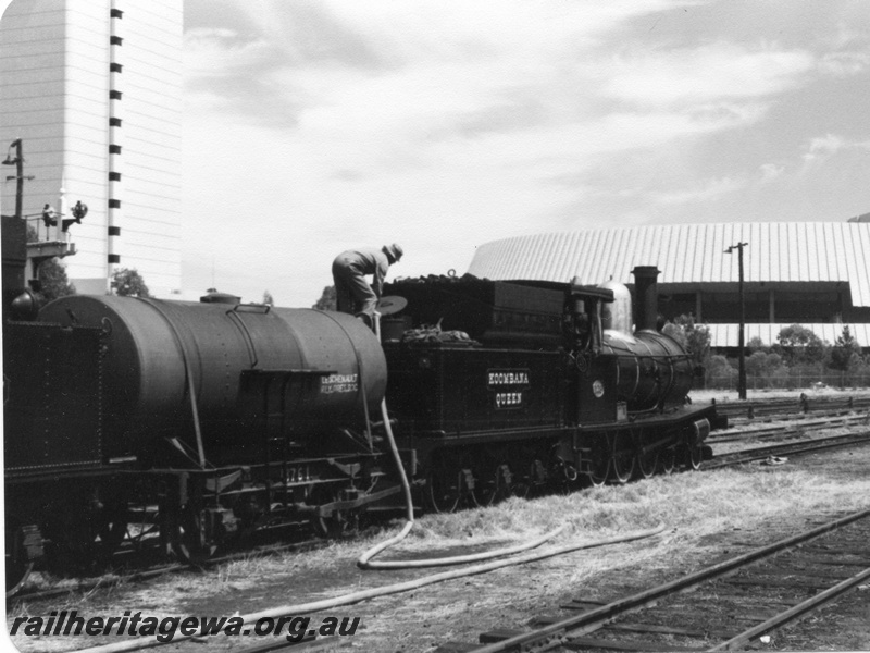 P02505
2 of 4 views of G class 233 and G class 123 back to back separated by a J class water tank wagon on the train to commemorate the centenary of the opening of the Fremantle to Guildford railway, west end of Perth Yard, taking water.
