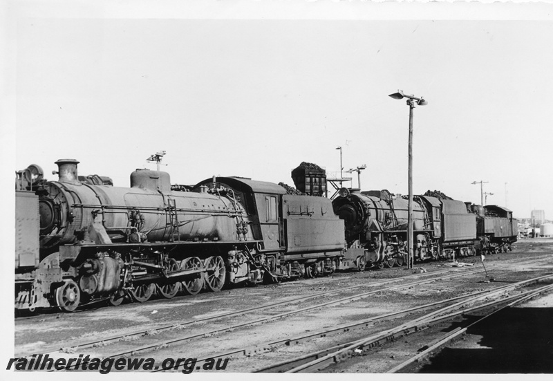 P02523
W class 924 steam locomotive, V class 1214 steam locomotive and DD class 596 steam locomotive, side view, coal stage in the background, East Perth, ER line.

